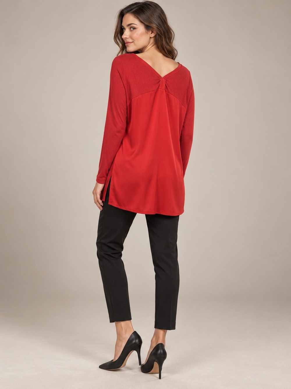 Tristan Red Mixed Media Satin Tunic Top V-Back Size Small